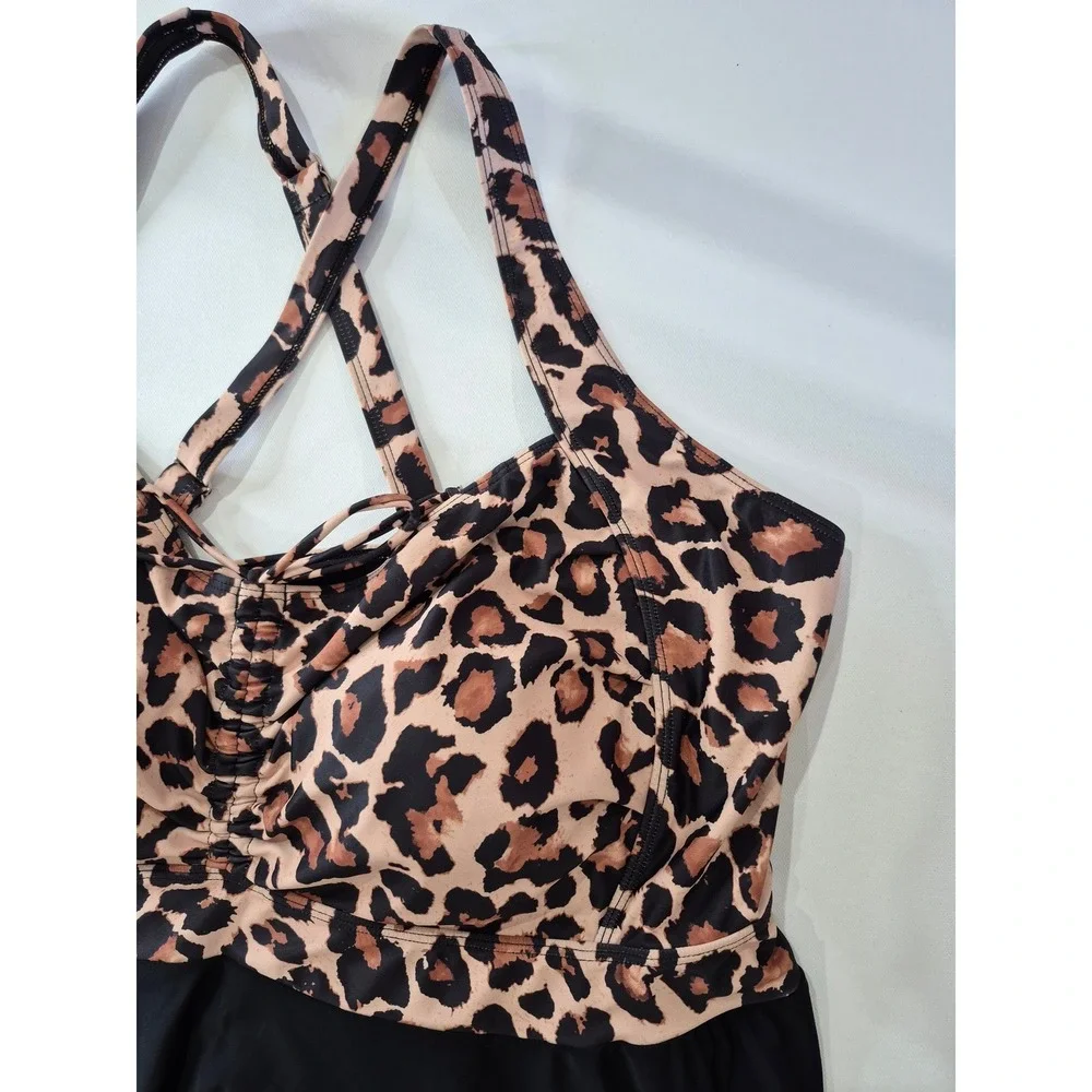 Daci‎ Leopard Print Asymmetrical Swim Dress Top Black Tan Animal Print 24W